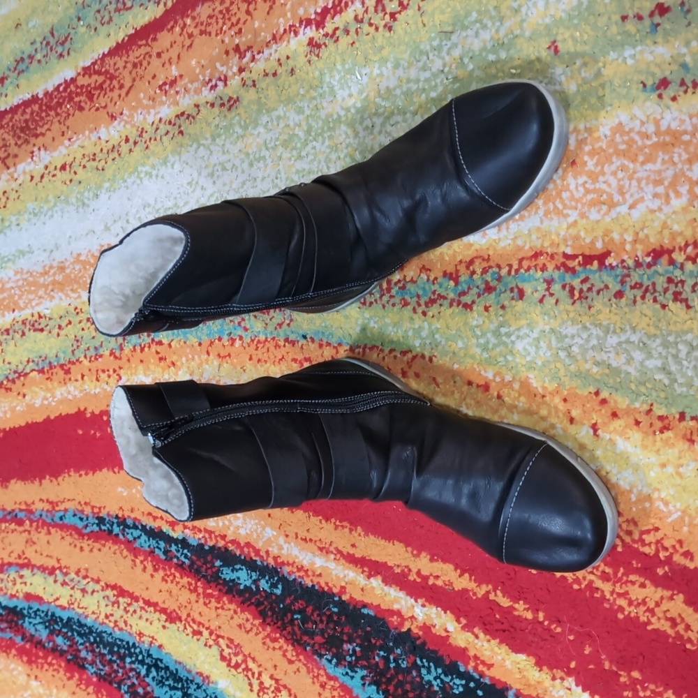 Cloud Black Leather Mid-Calf Ankle Boot with Strap Accents - Picture 4 of 7